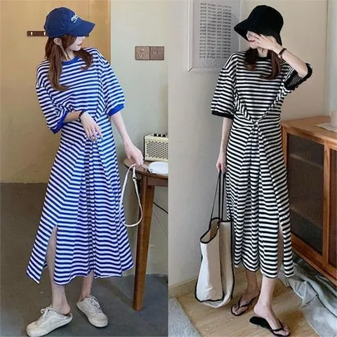 허리라인 잡아주는 스트라이프 오버핏 반팔 롱원피스