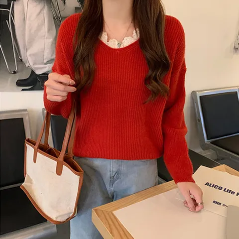[유니제이] 다바 네크라인 레이스 니트티