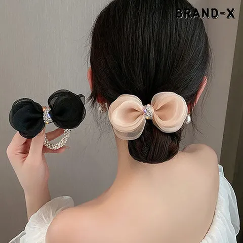 [브랜드엑스] 팔찌 겸용 크리스탈 장식 시스루 꽃잎 진주 머리끈