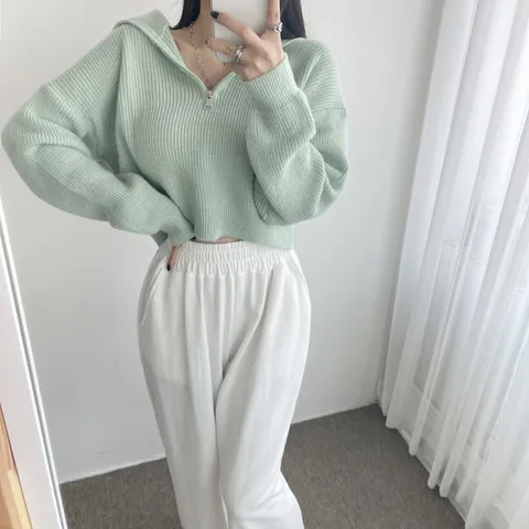 글램핏 / 반집업 카라 루즈핏 세미 크롭 데일리 하프넥