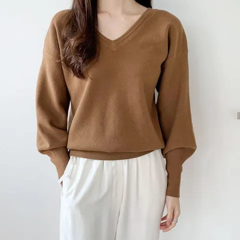 [드레스날다]리본이포인트 볼륨 퍼프 양브이넥 니트