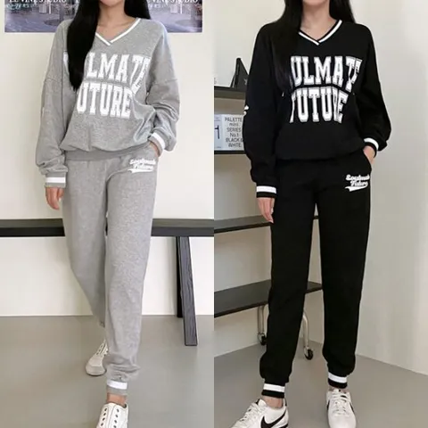 여성 메이트세트 브이넥 맨투맨 조거팬츠 트레이닝 바지 상하복