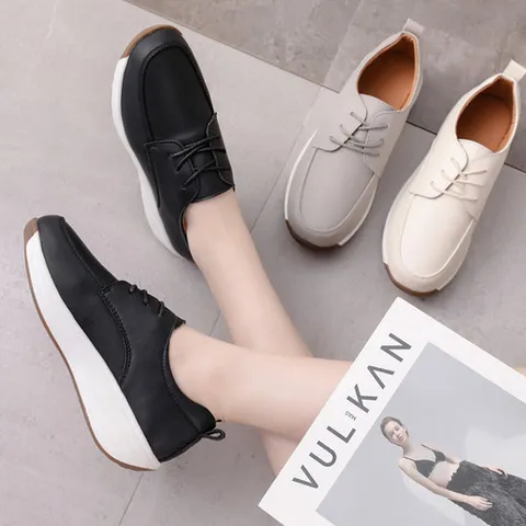 [좋으니] 피카소 소가죽 발편한 키높이 통굽 끈 운동화