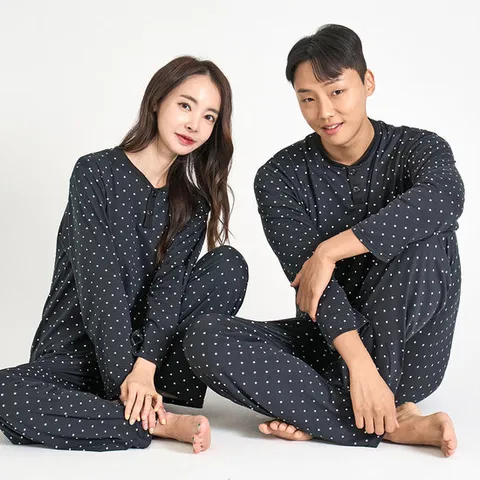 에이원 남성 여성용 미니도트 피치기모 라운드 잠옷 상하세트