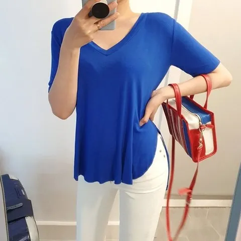 실켓 브이넥 반팔 티셔츠 7color / 레이온 차르르원단 / 이너티