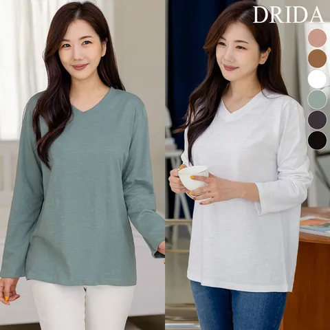 여자 가을 슬라브 브이넥 면 빅사이즈 흰 티셔츠 40-50대 여성