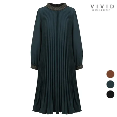 VIVID 여성 팅클배색 플리츠 원피스