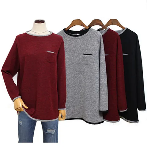 [해피통통] 빅사이즈 미니포켓 긴팔티 캐주얼한 겨울용 여성 티셔츠 소프트한 겉기모 라운드티