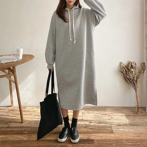 [세라제이] 루즈핏 데일리 기모 룽 후드 원피스