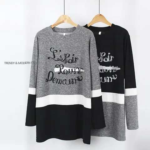 [해피통통] 빅사이즈 삼단배색 긴팔티 캐주얼 긴소매 티셔츠 여성의류