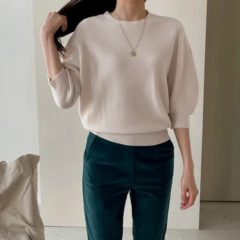 [어반프랑] 테일  골지 7부 퍼프소매 세미 크롭니트