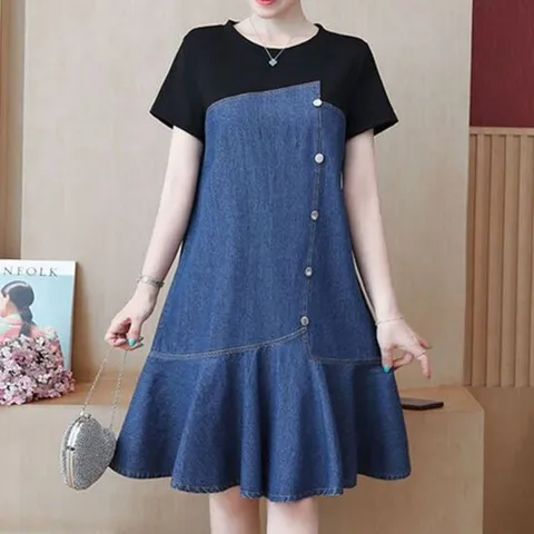 여성 여름 블랙 배색 청 데님 프릴 원피스