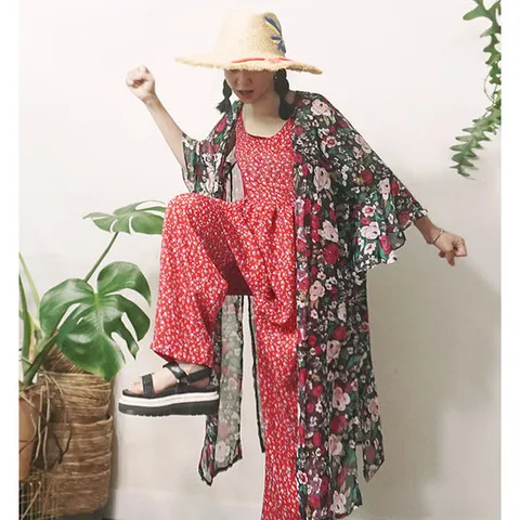 [앞머리]이국적인 플라워 패턴 소매프릴 로브카디건n803