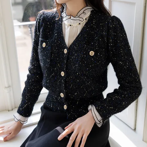 [스타일온미] 제트오 글리터 쥬얼리버튼 브이넥 퍼프 울 가디건