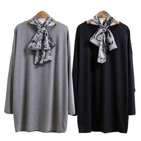 [해피통통] 빅사이즈 스카프세트 정장 긴팔티 나그랑 롱 티셔츠 여성의류