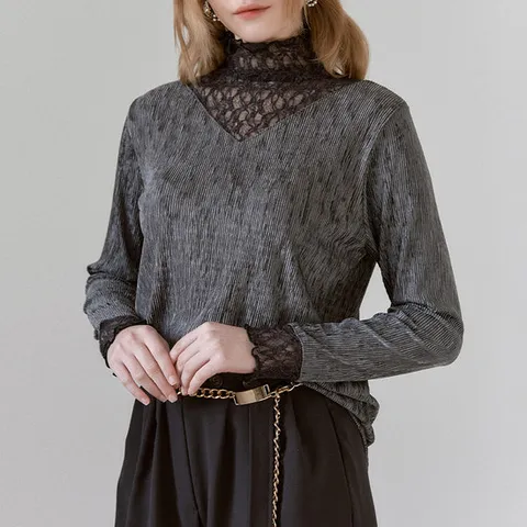 [MAXZA] 레이스 블록 메탈믹스 벨벳 반목폴라 티셔츠