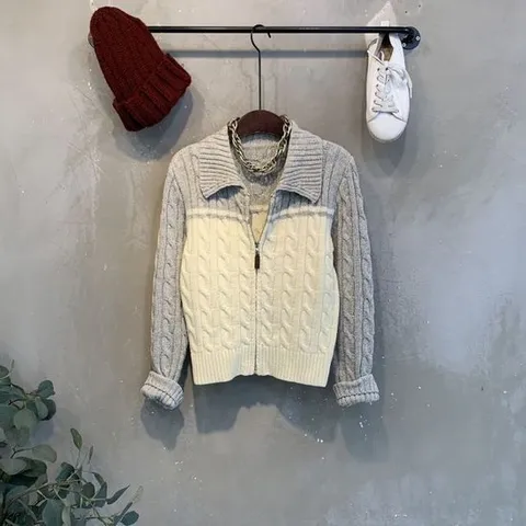 씨샵인더룸 / 모아 꽈배기 카라 크롭 집업 배색 니트 가디건 3color