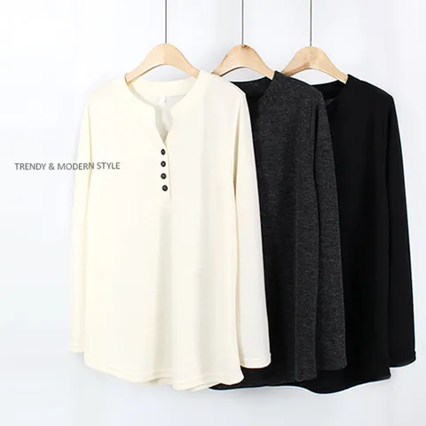 [해피통통] 빅사이즈 버튼 긴팔티 차이나카라 여성 정장 긴소매 티셔츠 여성의류