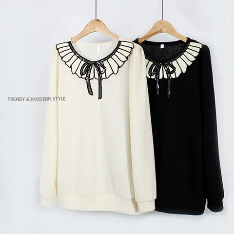 [해피통통] 빅사이즈 자수리본 블라우스 티 여성 정장 긴소매 블라티 여성의류