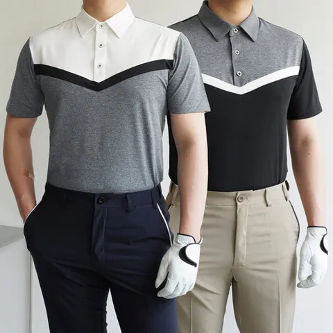 [쿼터]남성 여름 쿨 아이스 냉감 브이 배색 스판 골프 카라 반팔