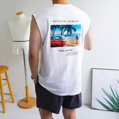 [쿼터]남자 오버핏 해변 프린팅 여름 하와이 민소매 나시 티셔츠