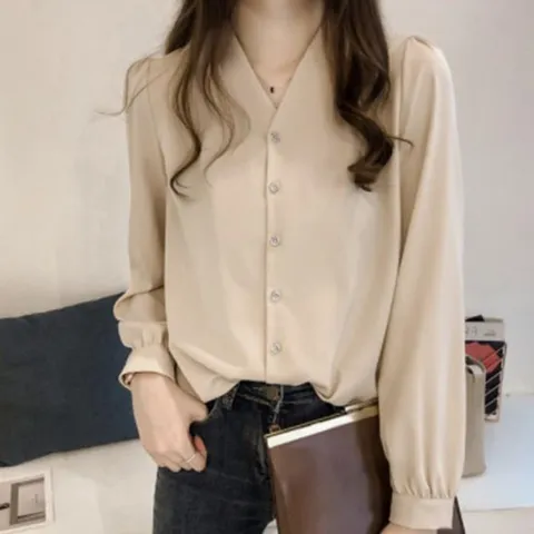 [옷자락]여자 브이넥 노카라 셔링긴팔 파워숄더 무지 블라우스