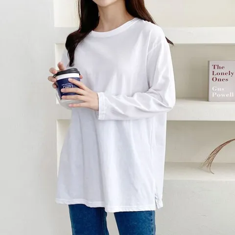 이너티셔츠 옆트임 박스 티셔츠 긴팔 여성 빅사이즈 면 롱 흰색