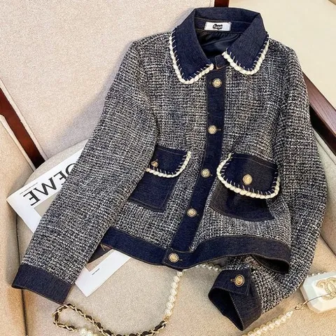 [드레스허그] 노치 데님 트위드 카라 라인 자켓