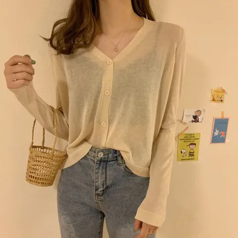 [여름린넨] 프룻 시스루 브이넥 얇은 니트 가디건 - 5 color