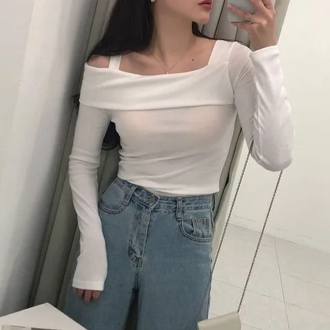 언발 끈 오프숄더 티셔츠_체리체리
