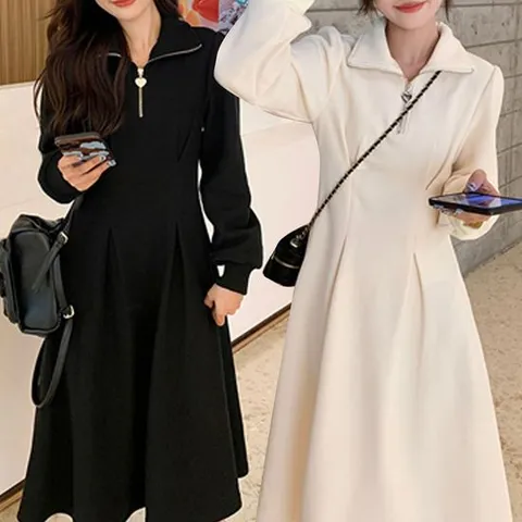 롱원피스 카라 원피스 A라인 봄 프릴 가을 하객룩 롱 체크 지퍼