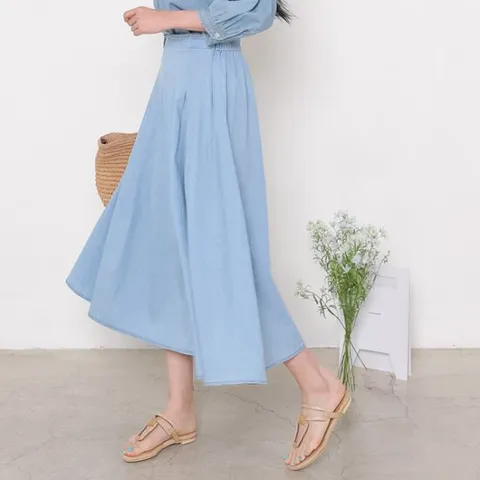 [헤이올리]연청 /우아한 청해지 데님주름프릴 플리츠반밴딩 스커트 SHSY49