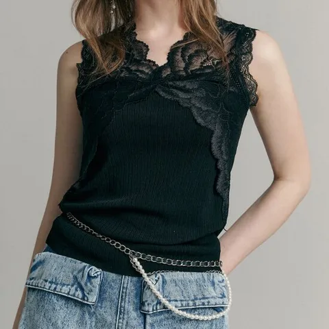 [MAXZA] 레이스 블록 슬리브리스 니트탑