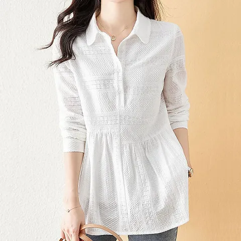 [패션시그널] 펀칭패턴 셔츠 롱 블라우스 409F31