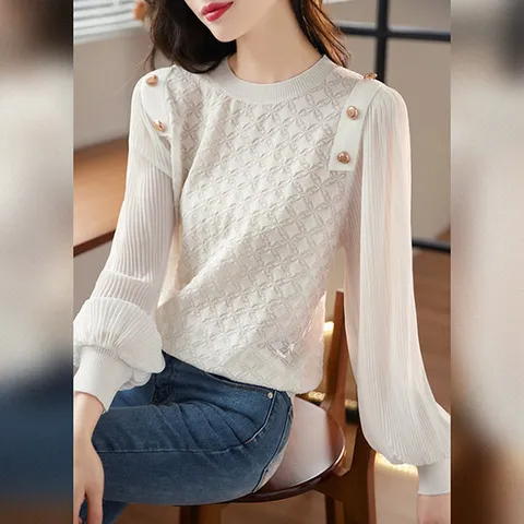 [이쁘다] 젤리타 소매 쉬폰 단추 니트