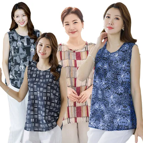 우일 여성 여름 인견 패턴 민소매 나시 티셔츠 중년 엄마옷 상의