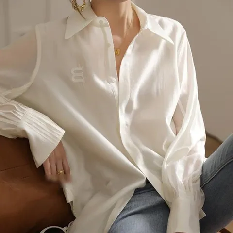 [휴드] 포레이 로고 자수 실크 셔츠 블라우스