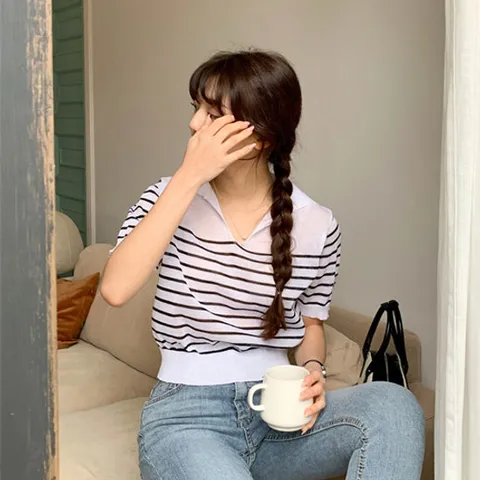 [유니제이] 라이드 단가라 카라 반팔 니트티