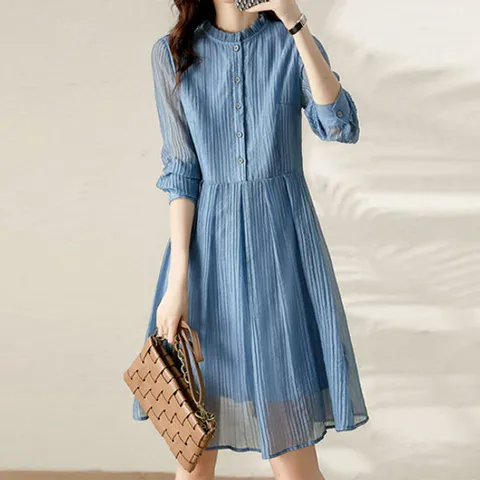 [유니제이] 펠리스 주름 시스루 미디 원피스