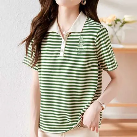 나바바 / NT677 캐주얼 캣 자수 단가라 반팔 카라 티셔츠