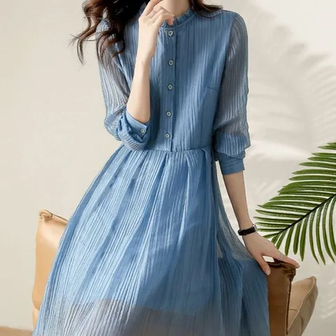 [드레스허그] 엣지블루 러플 버튼 시스루암 원피스