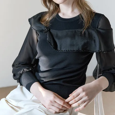 [MAXZA] 새틴 리본 쉬폰소매 라운드 니트