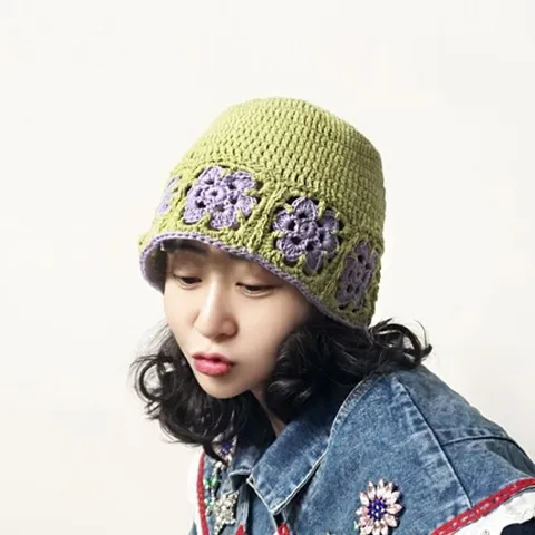 [앞머리]감성 컬러배색 크로셰 플라워 뜨개 니트 버킷햇n317