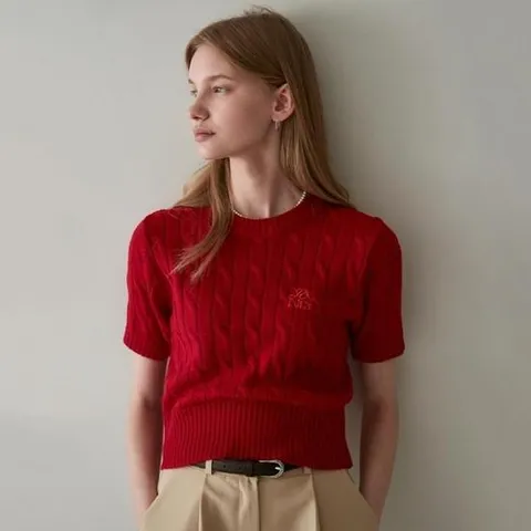 [얀써틴] LOGO CABLE SHORT SLEEVE KNIT_RED