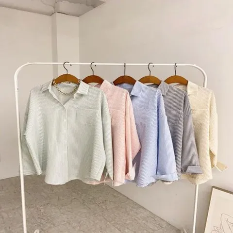 베킨 카라 스트라이프 지지미 여유핏 셔츠(5color)