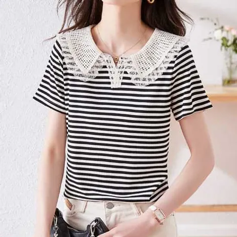 나바바 / NT716 캐주얼 단가라 레이스 카라 반팔 티셔츠