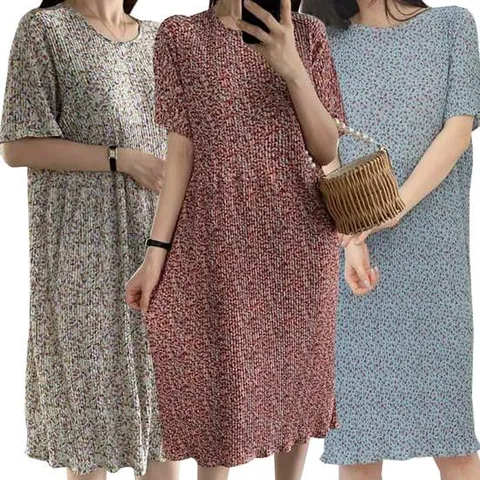 제이케이 여성 빅사이즈 여름 쿨 냉감 플라워 플리츠 주름 원피스