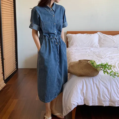 [레브쥴리]포켓카라롤업소매데님원피스