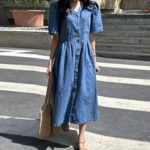 [조아맘] 투포켓 퍼프 데님 원피스