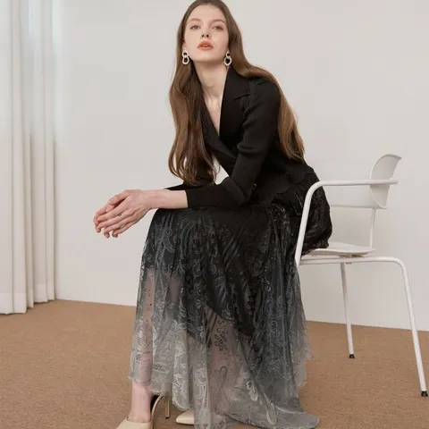 [MAXZA] 플리츠 카라 그라데이션 레이스 롱원피스